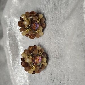 VINTAGE WEST GERMANY Cluster Beaded Earrings Mauve Amber Color Lucite Beads